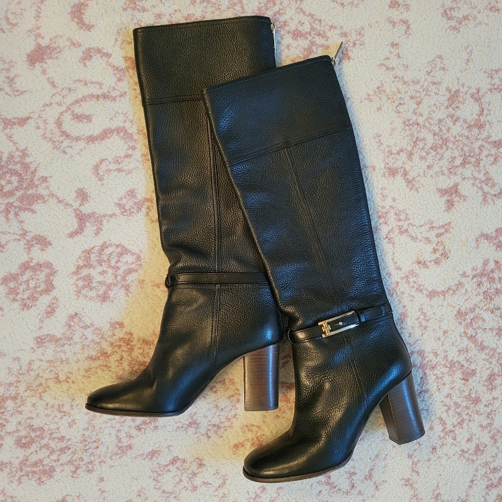 Tory Burch black leather knee high riding boots